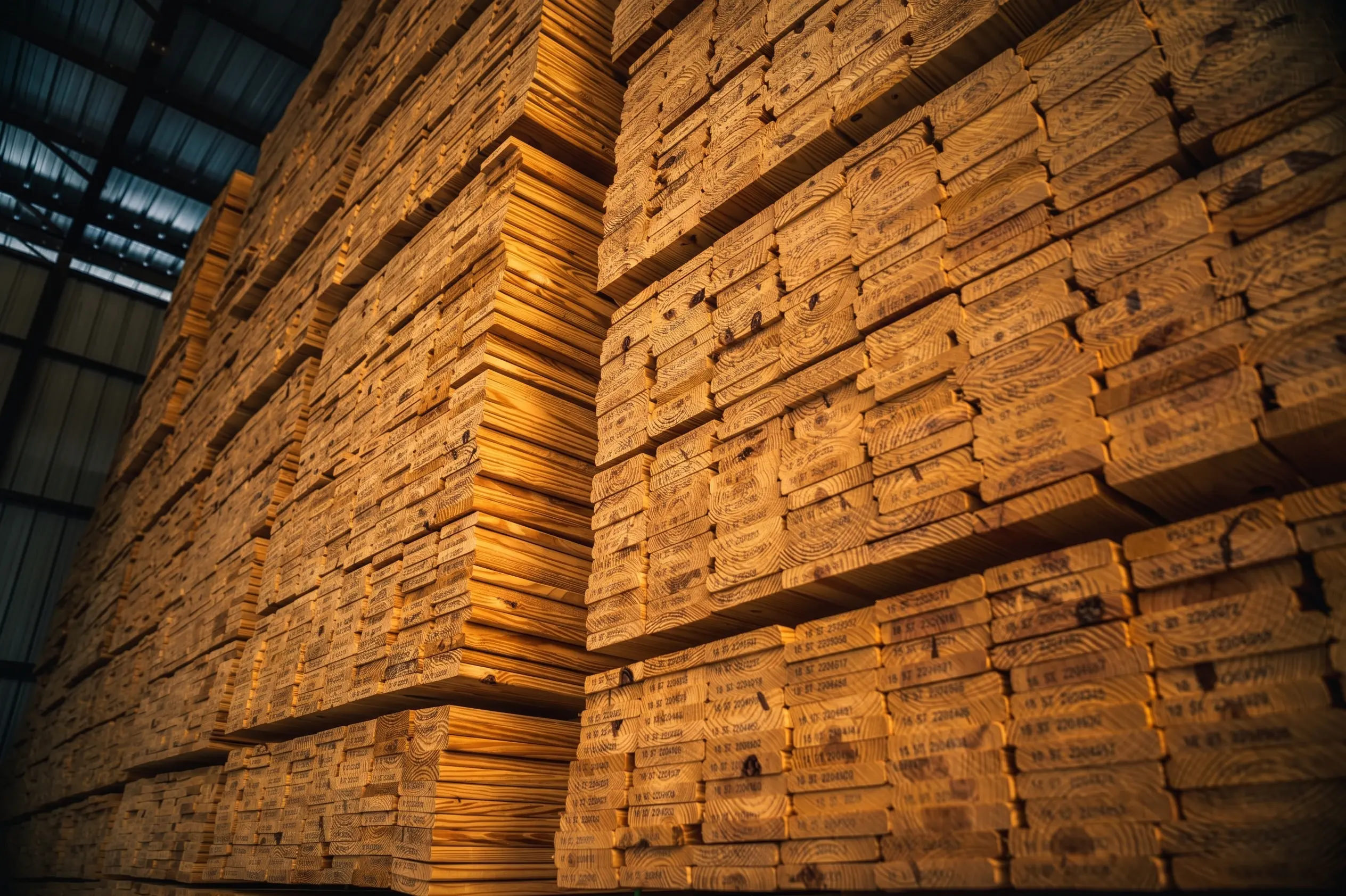 Tall stacks of framing lumber stored inside a warehouse