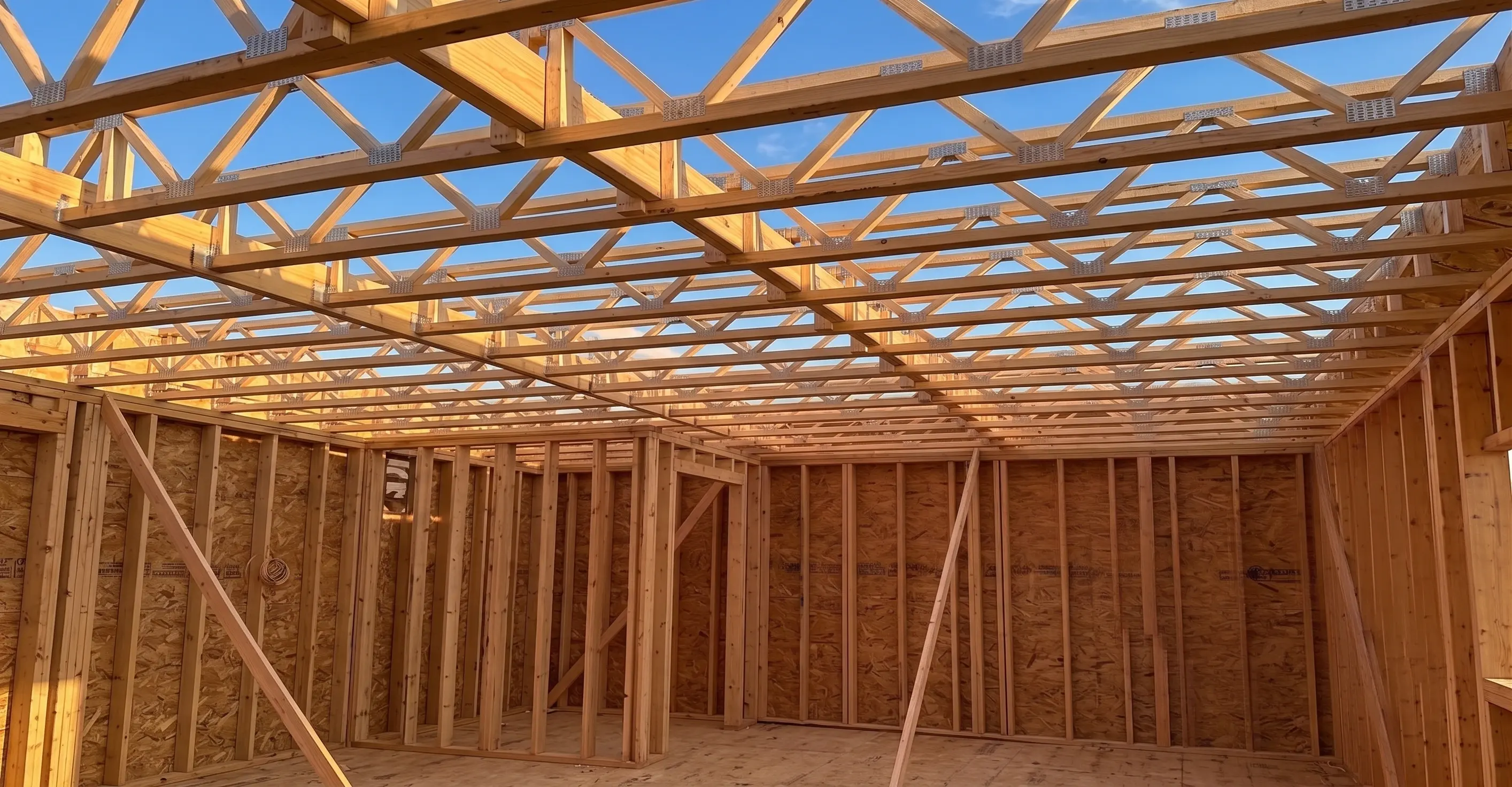 Open-web floor trusses installed above a framed building interior