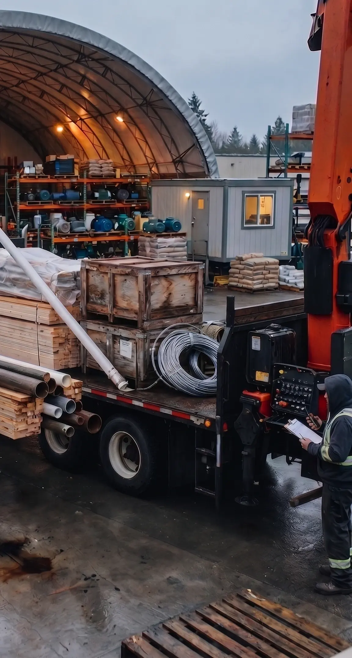 A lumber yard team loading building materials for delivery